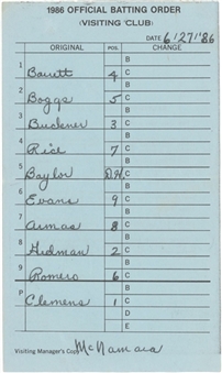1986 Boston Red Sox Line Up Card Carbon Copy from June 27, 1986 - Clemens 14th Consecutive Win to Start Season